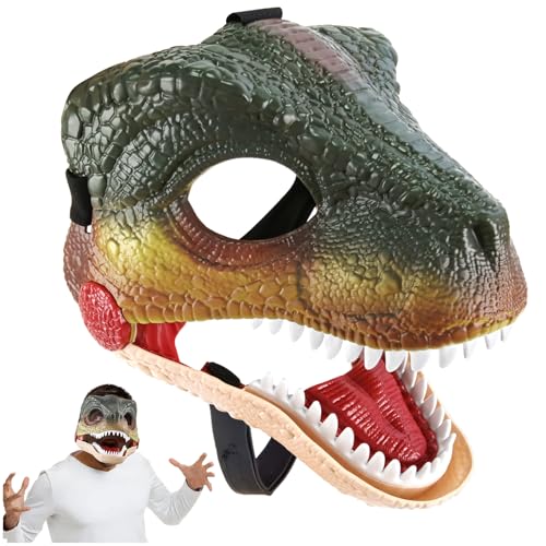 Dino Maske,Dino Maske mit Beweglichem Kiefer,Realistische Dinosaurier Kopf Silikon Maske,Halloween Cosplay Party Geschenk Requisiten,Raptor Dinosaurier Maske für Kinder und Erwachsene von 71Nmly