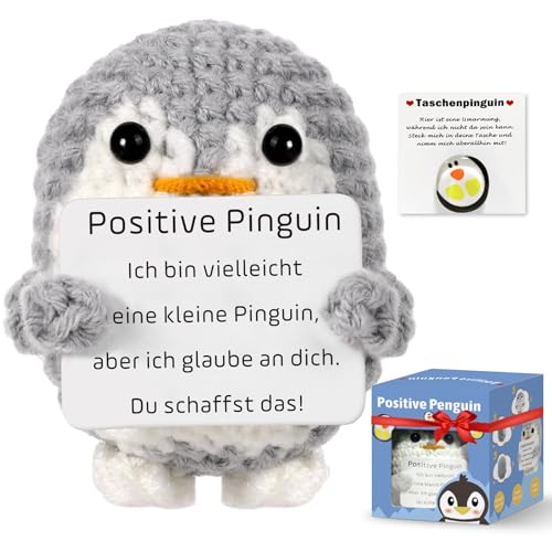 Pocket Hug Positive Pinguin,Kreative Strickwolle Pinguins Puppe,Glücksbringer Kuscheltier,Mini-Plüsch Figuren,Geschenke für Frauen,Pinguin Spielzeug mit Positiver Karte,Mutmacher Geschenk von 71Nmly