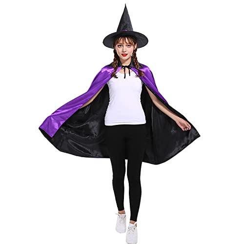 A-SZCXTOP Wendbarer Umhang mit Hut für Kinder oder Erwachsene, für Mädchen oder Frauen, Maskerade, Party, Cosplay-Kostüme (90 cm für Erwachsene, Violett + Schwarz) von A-SZCXTOP