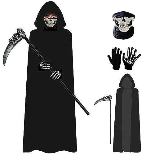 A-SZCXTOP Sensenmann-Kostüm Set,Halloween-Umhänge,Cosplay-Kostüm für Erwachsene,Inklusive Robe & Todessense & Maske & Handschuhen von A-SZCXTOP