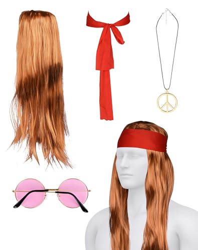 70er Jahre Hippie Kostüm Set, 4tgl. 80er Jahre Hippie Kostüm Herren Damen: Perücke, Stirnband, Halskette und Sonnenbrille, Hippie Zubehör für Themenparty Mottoparty Fasching Karneval Halloween von A aBlumen