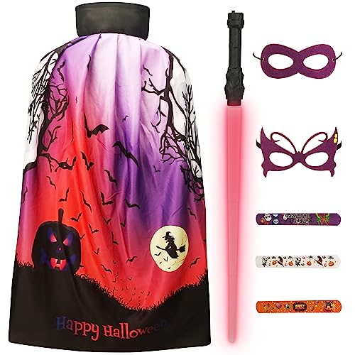 Halloween-Superhelden-Umhang-Set für Kinder, Cosplay-Kostüme, Stehkragen-Umhang mit Lichtschwert und Maske und Armbändern für Jungen und Mädchen (Lila Fledermaus) von A-SZCXTOP