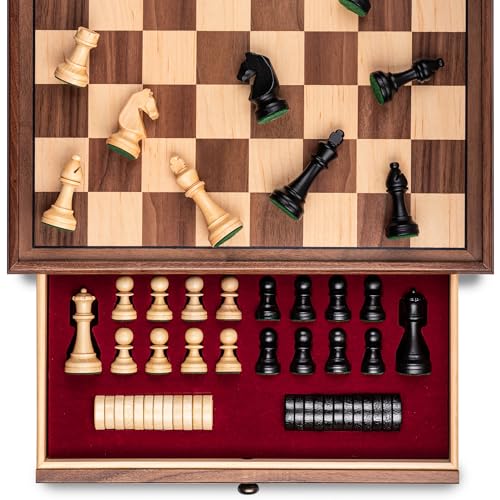 A&A 15 inch Walnut Wooden Chess Sets with Storage Drawer, Triple Weighted Chess Pieces,3.0 inch King Height,Walnut Box,Walnut & Maple Inlay, 2 Extra Queen,Classic 2 in 1 Chess and Checkers Board Games von A&A