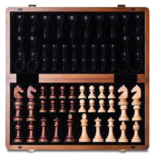 A&A 38cm hölzerne klappbare Schach & Dame Set / 7.6cm König Höhe Staunton Schachfiguren - Nussbaum Box mit Nussbaum & Ahorn Intarsien von A&A