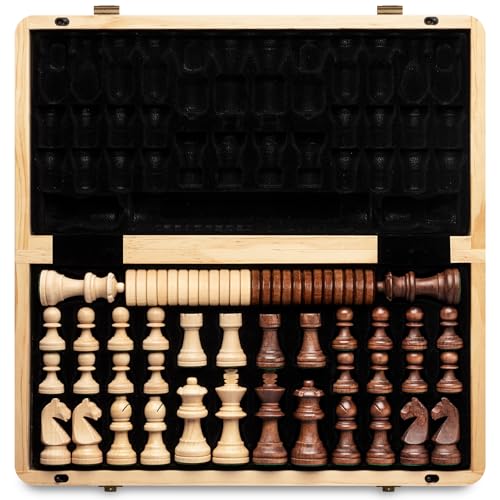 A&A Magnetic Wooden Chess Set, 38.1 cm, Folding Board, 7.6 cm, King Height German Knight Staunton Chess Pieces/Mahogany & Maple Wood / 2 Extra Queen/Board Games von A&A