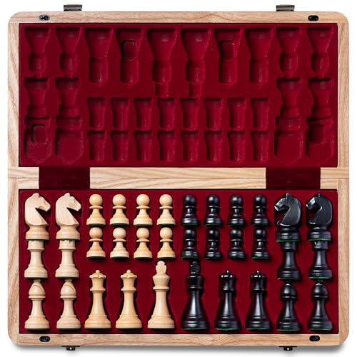 A&A Premium Natur-Europäische Esche Klappbares Schachset, mit 38 cm Brett & 7,6 cm Königshöhe Staunton Chess Pieces, Includes 2 Extra Queens and a Storage Bag von A&A