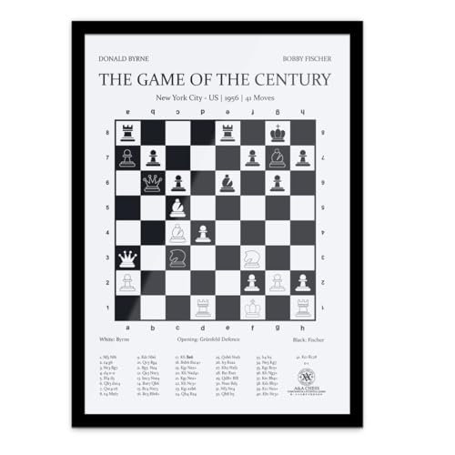 A&A Schachthemen-Poster-Rahmen 33 cm x 45.7 cm/Jahrhundertspiel von Bobby Fischer und Donald Byrne in New York, 1956 / Schwarzer Holzrahmen von A&A