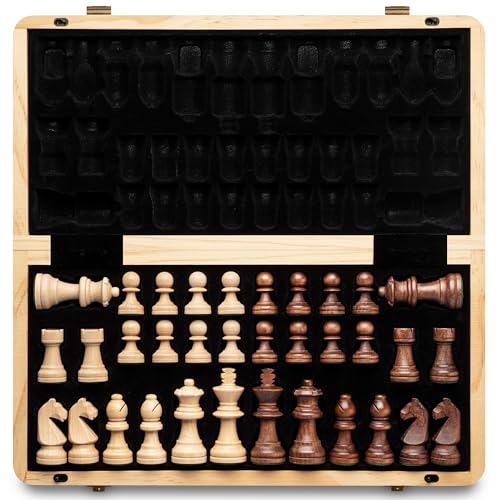 Magnetisches Schach-Set aus Holz, 38,1 cm, klappbares Brett, 7,6 cm, Königshöhe Deutscher Ritter Staunton Schachfiguren/Walnuss & Ahornholz / 2 extra Königin/Brettspiele von A&A