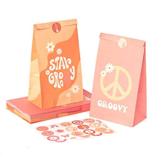 A1DIEE 24 Stück Groovy Retro Papiertüten Hippie Geschenktüten Boho Party Bags with Stickers Star Pink Orange Snacks Candy Party Favors Supplies Paper Bag Regenbogen für Giveaways Geburtstag von A1DIEE