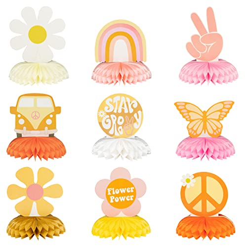 A1DIEE 9Pcs Groovy Hippie Boho Party Honeycomb Centerpieces Retro Boho Regenbogen Daisy Blume Schmetterling Frieden Thema Tabelle Topper Geburtstag Party Dekoration für Mädchen Teens Baby Dusche von A1DIEE