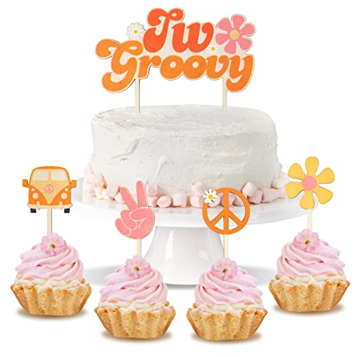 A1diee 5 Stück zwei groovige Holz-Kuchenaufsätze Boho Hippie Cupcake Geburtstagsdekoration Gänseblümchen Sieg Friedenszeichen bemalt bunt rustikal Holz zweijährig Kuchendekoration für 2. Geburtstag von A1DIEE