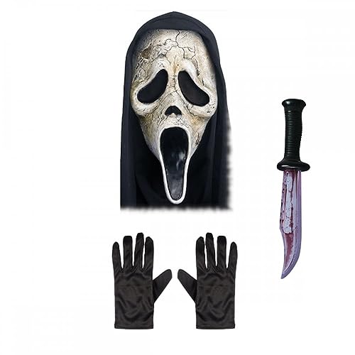 Erwachsene Unisex Offizielle Scream/Ghost Face® Maske mit Kapuze + schwarze Handschuhe + blutige Klinge: Halloween-Kostüm-Zubehör-Set von A2ZFD