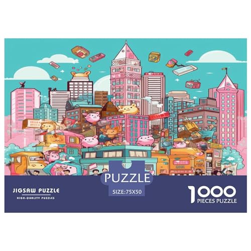 Rosa Stadtpuzzle für Kinder, Citys_Bustling, 1000 Teile Puzzle für Erwachsene, Holzpuzzle für Erwachsene und Kinder, Anti-Stress, 1000 Teile (75 x 50 cm) von AAHARYA