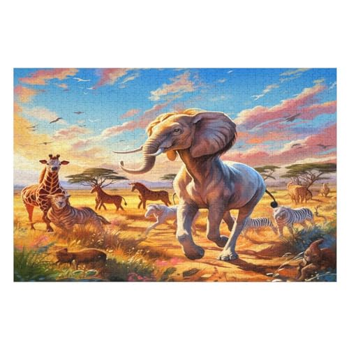 Afrikanische Tiere Puzzle Für Erwachsene 1000 Teile Premium 100% Recyceltes Brett Zum Lernen, Lernspielzeug, Familienspiele Kinder Holzpuzzle （75×50cm） von AAPZY