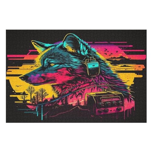 Holzpuzzle Neonwolf Puzzle 1000 Teile Erwachsene Klassische Pädagogisches Spielzeug Kinder Lernspiel Herausforderndes Puzzles Raumdekoration Detailreiches Geschenk （75×50cm） von AAPZY