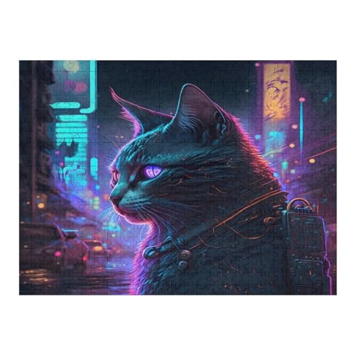 Neon Katze Holzpuzzle 500 Teile, Knobelspiele Für Erwachsene, Teenager, Puzzles Unmögliche - Kinder Puzzle Zimmer Deko （52×38cm） von AAPZY