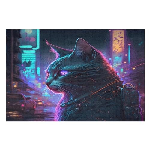 Neon Katze-Puzzle Für Erwachsene, 1000 Teile, Holzpuzzle, Kinderpuzzle, Dekompressionsspiel, Spielzeugpuzzle （75×50cm） von AAPZY