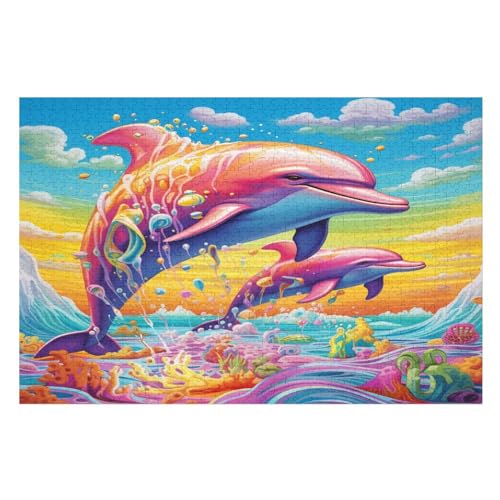 Puzzle Für Erwachsene, Delphin, 1000 Puzzleteile Für Kinder, Holzpuzzles, Geeignet Für Erwachsene, Lernspiel, Herausforderungsspielzeug （75×50cm） von AAPZY