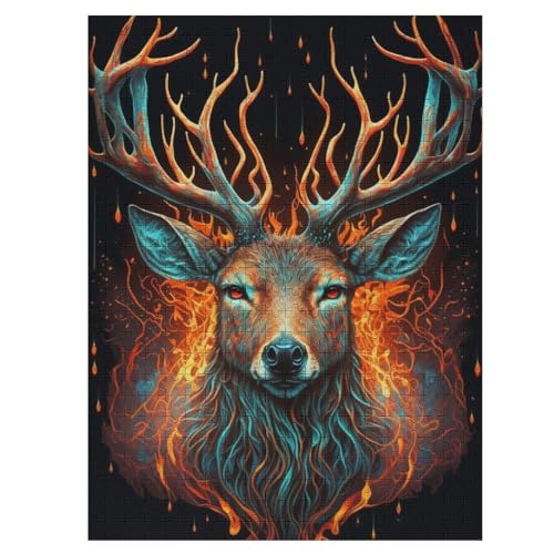 Puzzles Für Erwachsene, 500 Teile, Hirsch Fire Water, Kreative Holzpuzzles, Praktisches Spiel, Familiendekoration （55×41cm） von AAPZY