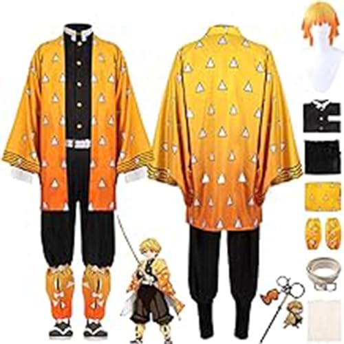 AAmron Komplettes Set Anime Character Agatsuma Zenitsu Cosplay-Kostüm für Dämonentöter, Kimono-Umhang und Perücken-Set für Halloween-Party,A-3XL von AAmron