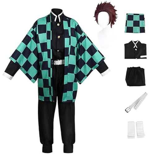 AAmron Komplettes Set Anime Character Kamado Tanjirou Cosplay-Kostüm für Dämonentöter, Kimono-Umhang und Perücken-Set für Halloween-Party,A-3XL von AAmron