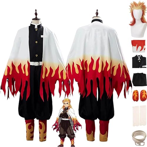 AAmron Komplettes Set Anime Rengoku Kyoujurou Cosplay-Kostüm für Dämonentöter, Kimono-Umhang und Perücken-Set für Halloween-Party,A-S von AAmron