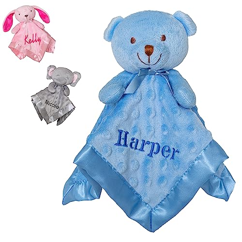 Baby-Sicherheitsdecke mit individuellem Namen, weiche und kuschelige Baby-Sicherheitsdecke, blauer Teddybär, Stofftier-Sicherheitsdecken für Babys, 27,9 cm, personalisiertes Baby-Geschenk für Mädchen von ABABY.COM