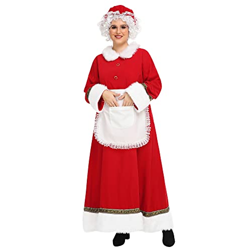 ABALAGU Mrs. Claus Kostüm für Frauen, 5-teiliges Weihnachtsmann-Kleid, Outfit, Erwachsene, Weihnachtsmann-Kostüm, Übergröße (rot, XXXL) von ABALAGU