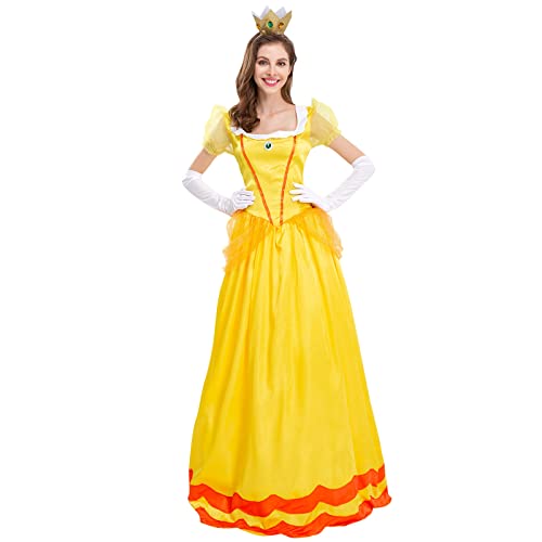 ABEHIK Belle Kost�m Damen Prinzessin Peach Kost�m-Outfits Prinzessinkleid mit Handschuhen und Krone Erwachsene Cosplay Verkleidung f�r Fasching Halloween Weihnachten gelb Large von ABEHIK