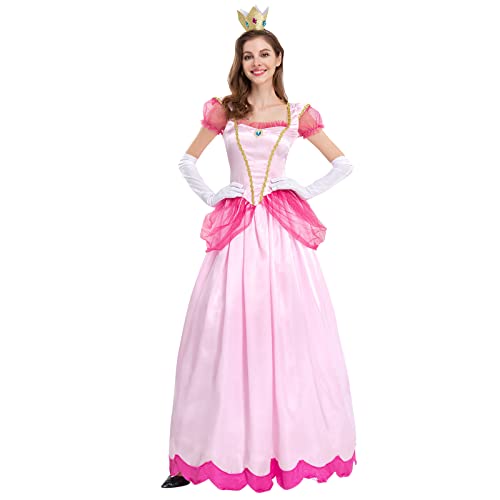 ABEHIK Belle Kostüm Damen Prinzessin Peach Kostüm-Outfits Prinzessinkleid mit Handschuhen und Krone Erwachsene Cosplay Verkleidung für Fasching Halloween Weihnachten rosa L von ABEHIK