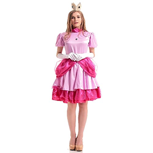 ABEHIK Belle Kostüm Damen Prinzessin Peach Kostüm-Outfits Prinzessinkleid mit Handschuhen und Krone Erwachsene Cosplay Verkleidung für Fasching Halloween Weihnachten rosenrot 均码 von ABEHIK