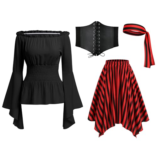 ABEHIK Damen Mittelalterliches Vierteiliges Piratenkostüm Anzug Renaissance Verkleidung Kostüm 4 Stück Outfit Hohe Taile Halloween Karneval Gothic Set schwarz 2XL von ABEHIK