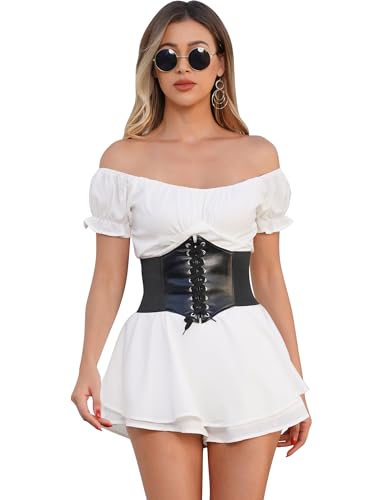 ABEHIK Piratenkost�m mit Taillenband f�r Damen Mittelalter Bluse Jumpsuits Gothic Off Shoulder Kleidung Langarm Renaissance Romper Schulterfreies Steampunk Festliches Kleid wei� mit schwarz L von ABEHIK