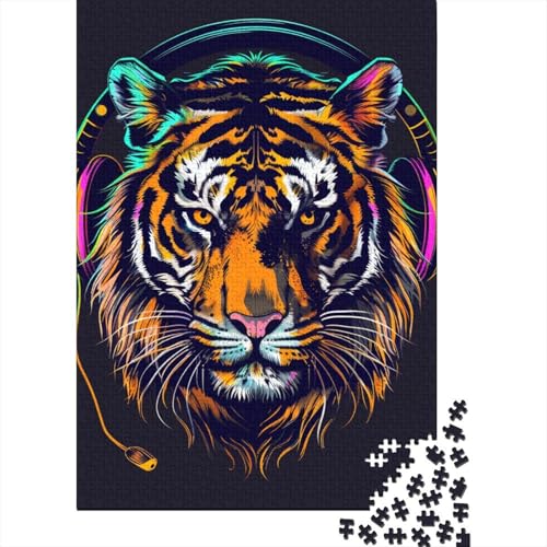 1000-teiliges Puzzle „Tiger mit Kopfhörern“ für Erwachsene, Holzpuzzle für Teenager, Geschenke, einzigartige Heimdekoration und Geschenke, 1000 Stück (75 x 50 cm) von ABFFSDT