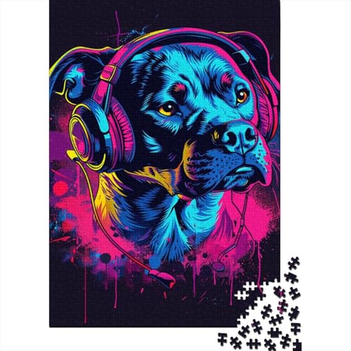 300-teiliges Puzzle für Erwachsene mit Pitbull mit Kopfhörern, Holzpuzzle, pädagogisches Denkspiel, lustiges Familienspiel, 300 Teile (40 x 28 cm) von ABFFSDT