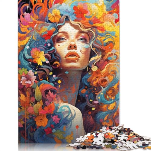 Buntes psychedelisches Blumenfrauen-Puzzle, 500 Teile, Puzzle für Erwachsene, Holzpuzzle, nachhaltiges Puzzle für Erwachsene | Spiele 500 Teile (52 x 38 cm) von ABFFSDT