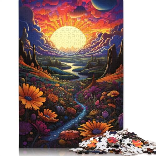 Buntes psychedelisches Feld in den Sonnenuntergangsbergen, Puzzle 300 Teile für Teenager, Geschenke, Holzpuzzle, Puzzle für Erwachsene, Puzzles für Kinder, 300 Teile (40 x 28 cm) von ABFFSDT