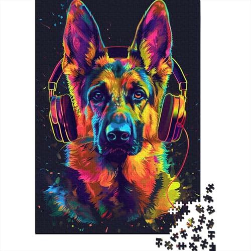 Deutscher Schäferhund DJ Neon Holzpuzzle 1000 Teile Puzzle für Erwachsene Lernspiel Herausforderung Spielzeug Heiligabend Geschenke 1000 Stück (75x50cm) von ABFFSDT