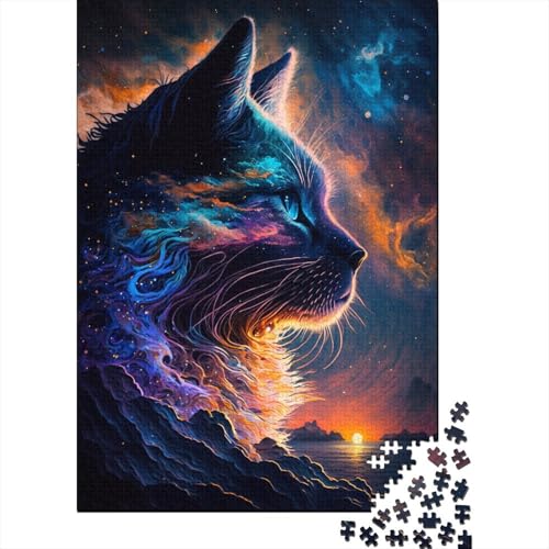 Kreatives rechteckiges Puzzle für Erwachsene, 500 Teile, Weltraum-Mondkatze, Holzpuzzle, Puzzle, Mitmachspiel, Familiendekoration, 500 Teile (52 x 38 cm) von ABFFSDT