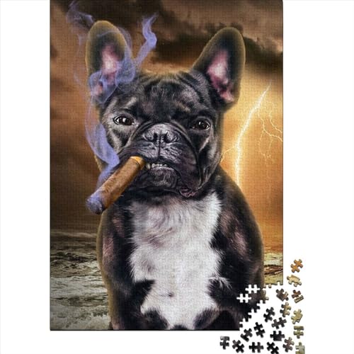 Puzzle 300 Teile, Französische Bulldogge mit Zigarre, Schwierigkeitsgrad für Erwachsene, Holzpuzzle, Lernspiele, Spielzeug für die Familie, 300 Teile (40 x 28 cm) von ABFFSDT