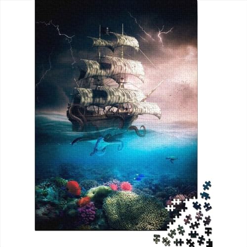 Puzzle 300 Teile Kraken greift Piratenschiff an Puzzles Puzzle für Jungen und Mädchen Schwierigkeitsgrad Puzzle Lernspielzeug Spiel Geburtstagsgeschenk 300 Teile (40x28cm) von ABFFSDT