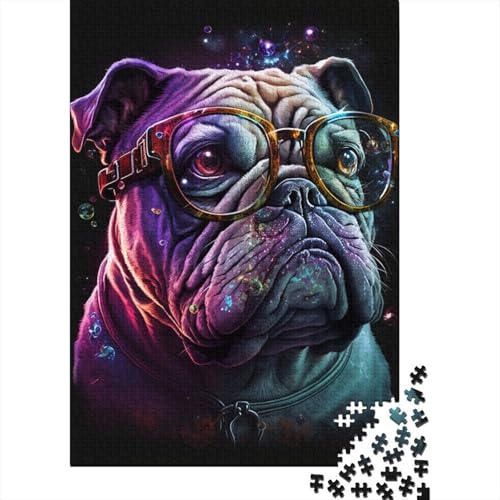 Puzzle 500 Teile, Bulldogge mit Brille, Puzzle für Kinder, Holzpuzzle, interessantes Stressabbau-Puzzle, 500 Teile (52 x 38 cm) von ABFFSDT