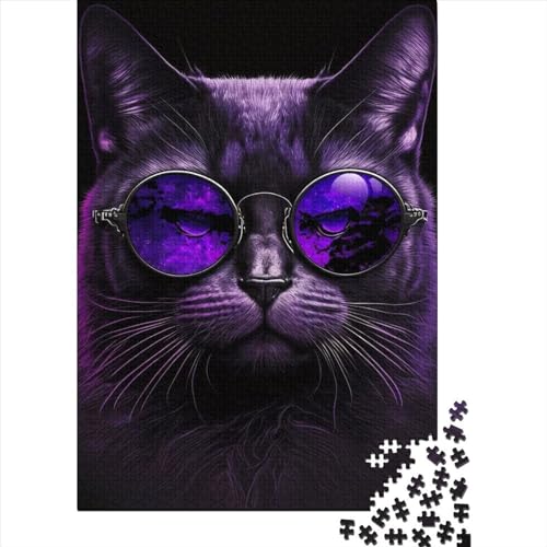 Puzzle 500 Teile Lila Katze mit Brille Puzzle für Erwachsene und schwierige Puzzles Puzzle Spielzeug Spiele Puzzle 500 Teile (52x38cm) von ABFFSDT