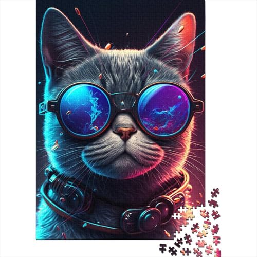 Puzzle für Kinder, 300 Teile, Galaxie-Katze mit Brille, kreative Holz-Puzzles für Kinder, Jugendliche, Puzzles, herausforderndes Spiel, 300 Stück (40 x 28 cm) von ABFFSDT