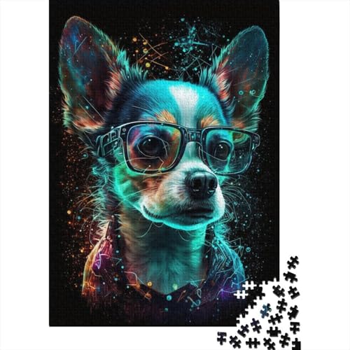 Puzzle für Kinder, kosmischer Chihuahua mit Brille, 1000 Teile, Puzzle aus Holz, Puzzles für Kinder ab 18 Jahren, tolle Kinder, 1000 Teile (75 x 50 cm) von ABFFSDT