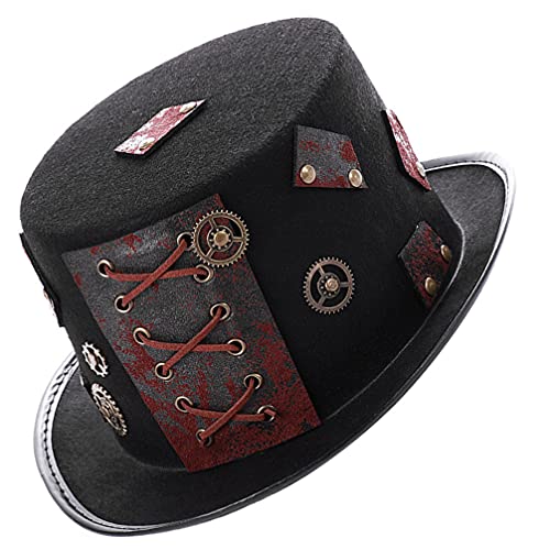 1stk Halloween-hut Punk-hut Viktorianischer Zylinder Halloween-kopfschmuck Schwarzer Fedora-hut Fedora Hüte Für Männer Steampunk-reitmützen Pu-leder Partybedarf Cosplay Damen von ABOOFAN