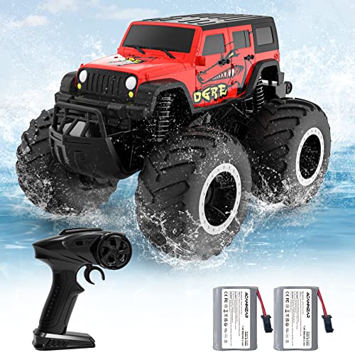 ACAMMZAR Amphibisches ferngesteuertes Auto für Kinder, 2.4GHz 4WD 360° Drehung Wasserdichtes Monster Truck für Jungen All Terrain Off-Road RC Auto mit 2 Batterien 4 5 6 7 8 9 Jungen Mädchen, Rot von ACAMMZAR