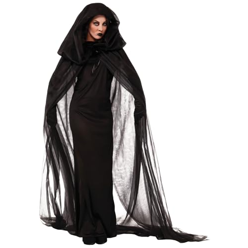 ACAREY Halloween Kostüm Damen, Halloween Umhang Schwarz Satz mit Kapuze & Handschuhe, Teufel Kostüm Hexenkostüm Vampir Umhang Erwachsene (XL) von ACAREY