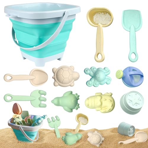 ACAREY Sandspielzeug Strandspielzeug für Kinder, 11pcs Sandspielzeug Set Sandkasten Spielzeug mit Faltbarer Eimer, Schaufel, Sandharke, Sandförmchen, Gartenspielzeug kinder ab 1 2 3 4 Jahre (Blau) von ACAREY