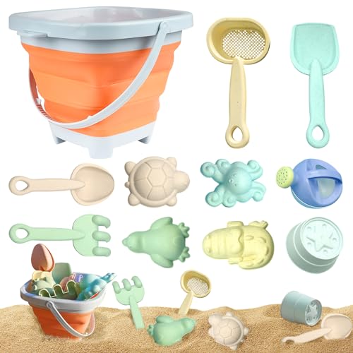 ACAREY Sandspielzeug Strandspielzeug für Kinder, 11pcs Sandspielzeug Set Sandkasten Spielzeug mit Faltbarer Eimer, Schaufel, Sandharke, Sandförmchen, Gartenspielzeug kinder ab 1 2 3 4 Jahre (Orange) von ACAREY